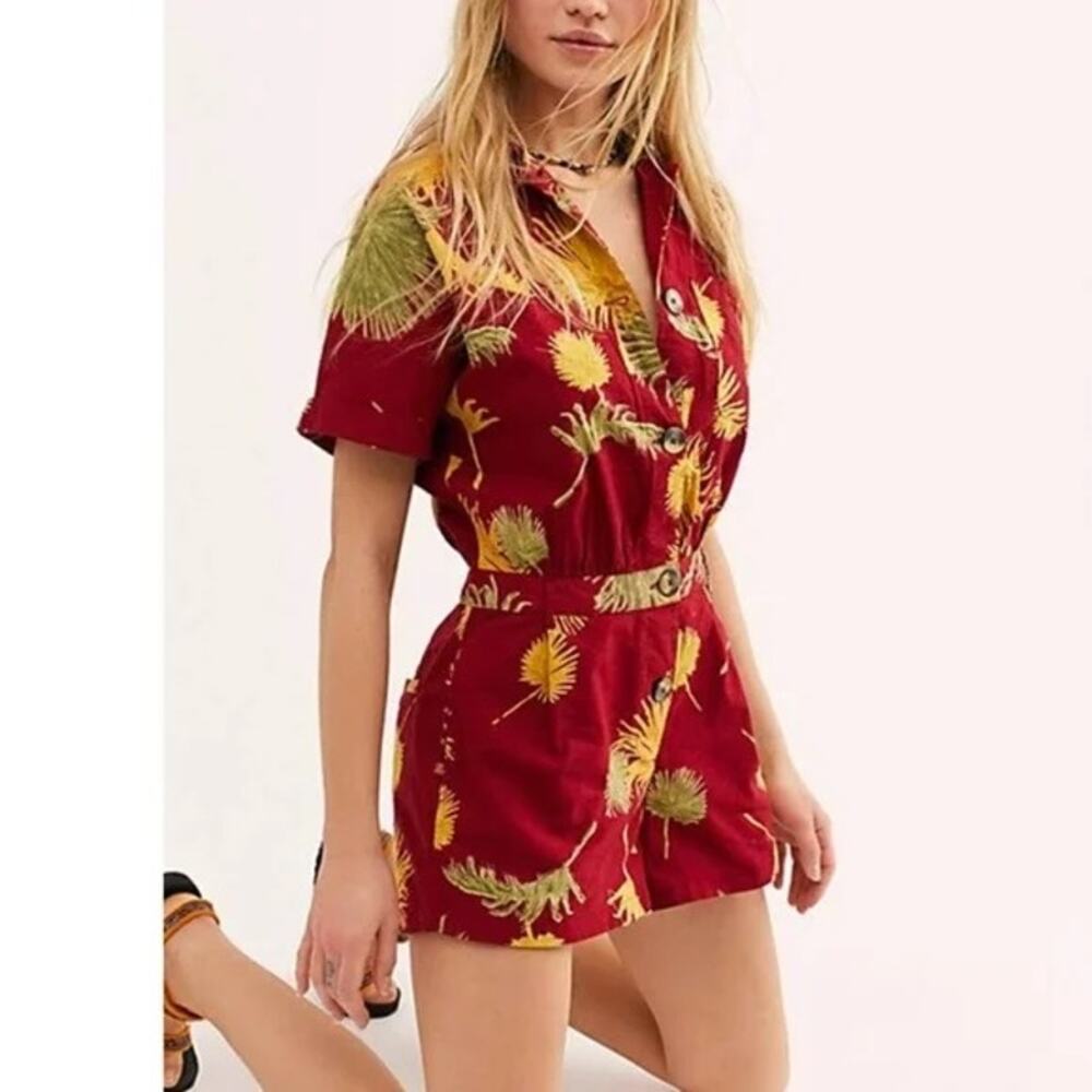 NWT Free People XS Malibu Button Front Romper Cotton Maroon Combo Cotton